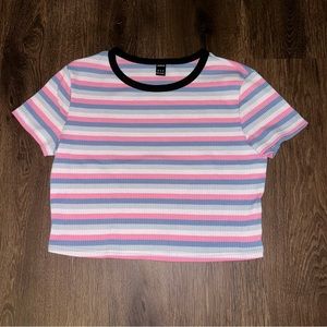 NWOT - Blue, Pink, Gray, & White Striped Ribbed Short Sleeve Crop Top